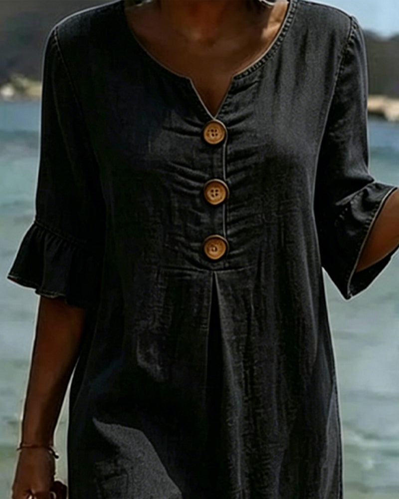 Vestido Mujer Denim Corte Fluido Manga Acampanada