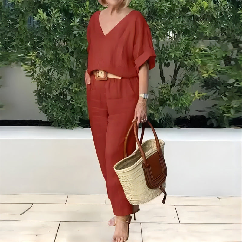 Conjunto mujer cuello en V pantalón recto bolsillos casual