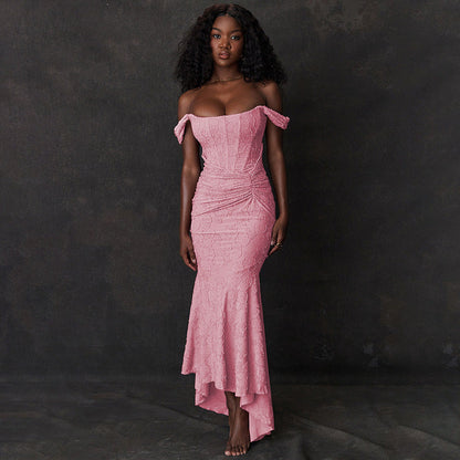 Vestido Gala Mujer de Encaje Corte Sirena Hombros Descubiertos