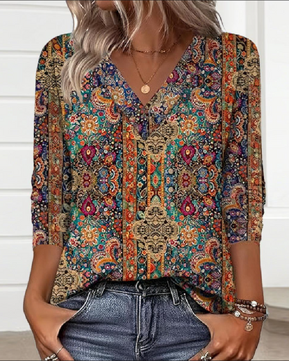 Blusa Mujer Estampado Retro Escote en V