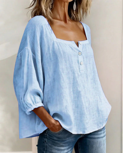 Blusa Mujer Escote Cuadrado Botones Ajuste Clasico