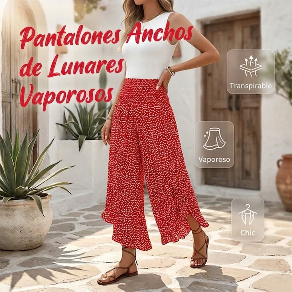 Pantalón Mujer Fluido Estampado Lunares Volante