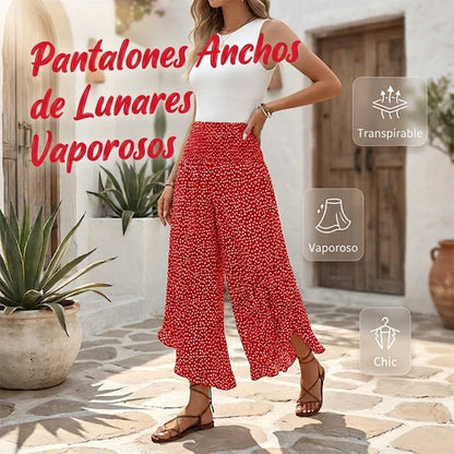 Pantalón Mujer Fluido Estampado Lunares Volante