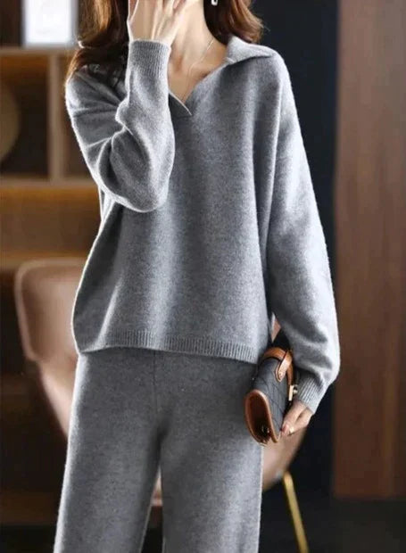 Conjunto Mujer de Dos Piezas Jersey Cuello Polo y Pantalón