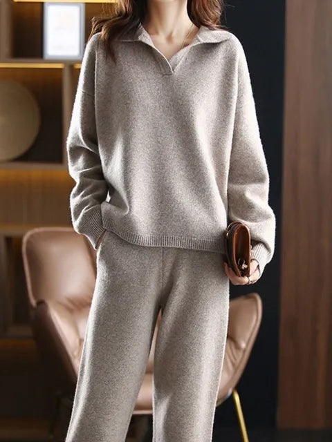 Conjunto Mujer de Dos Piezas Jersey Cuello Polo y Pantalón