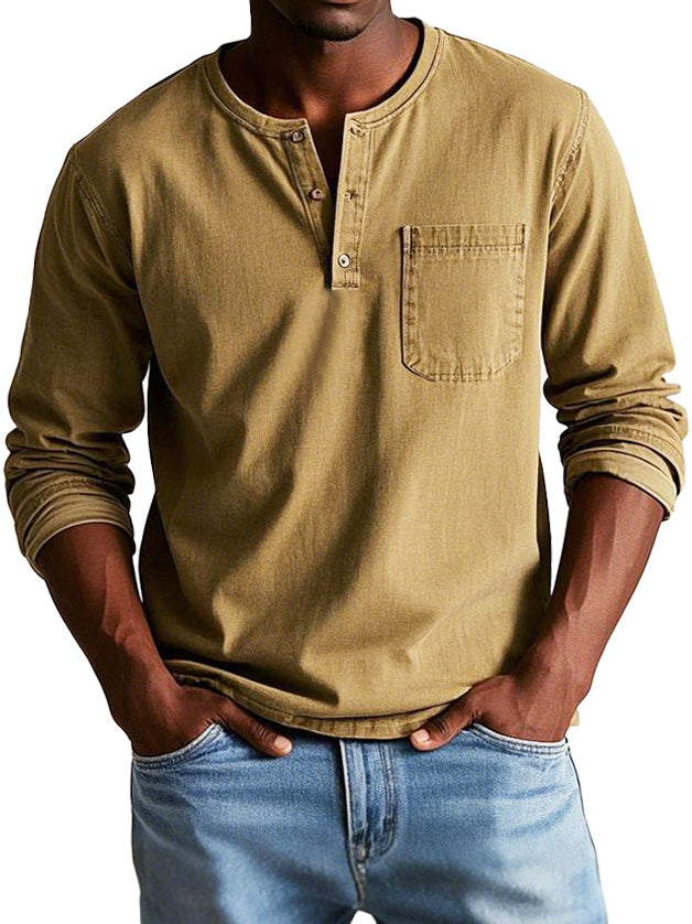 Camiseta henley hombre Algodón manga larga con bolsillo pecho