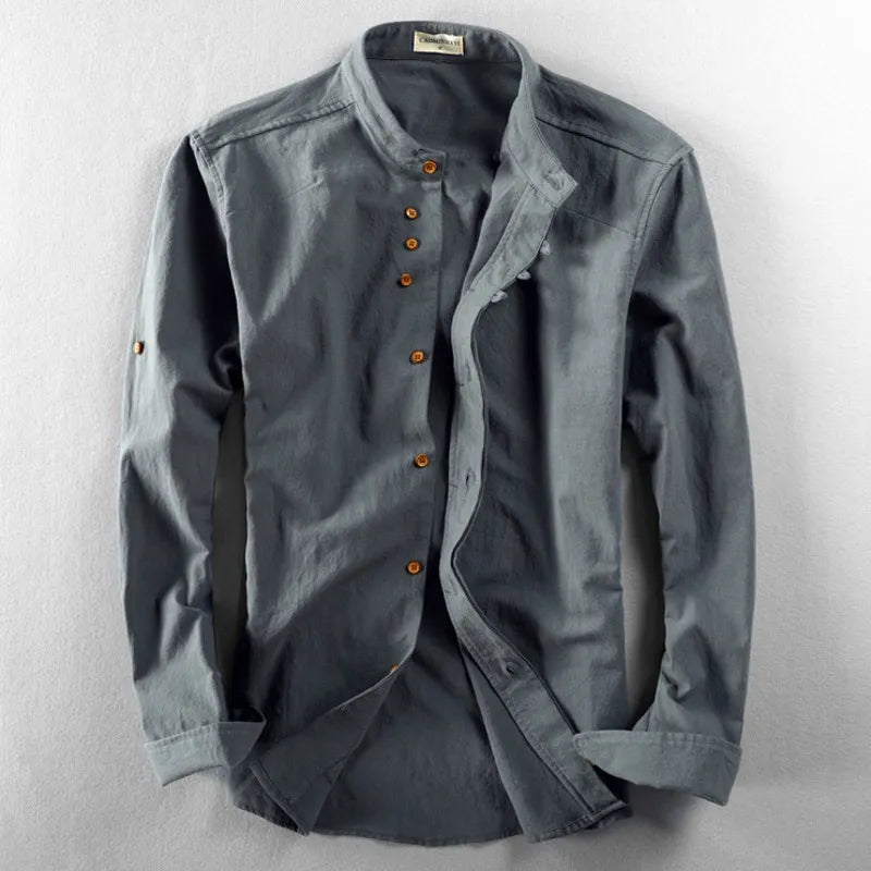 Camisa Hombre Algodón y Lino Cuello Mao Manga Larga Slim Fit
