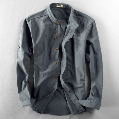 Camisa Hombre Algodón y Lino Cuello Mao Manga Larga Slim Fit