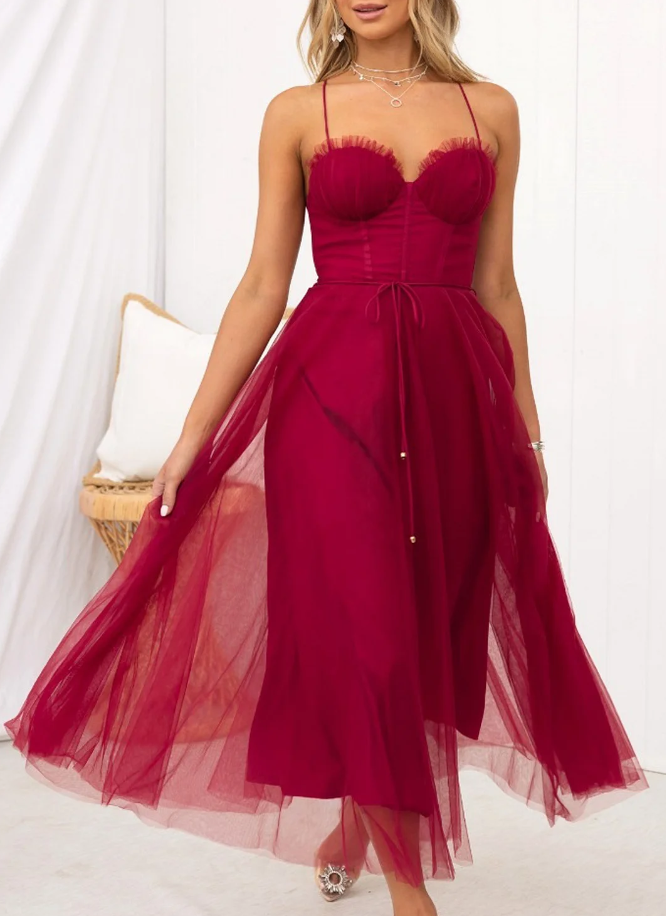 Vestido midi mujer tirantes finos diseño ajustado falda fluida
