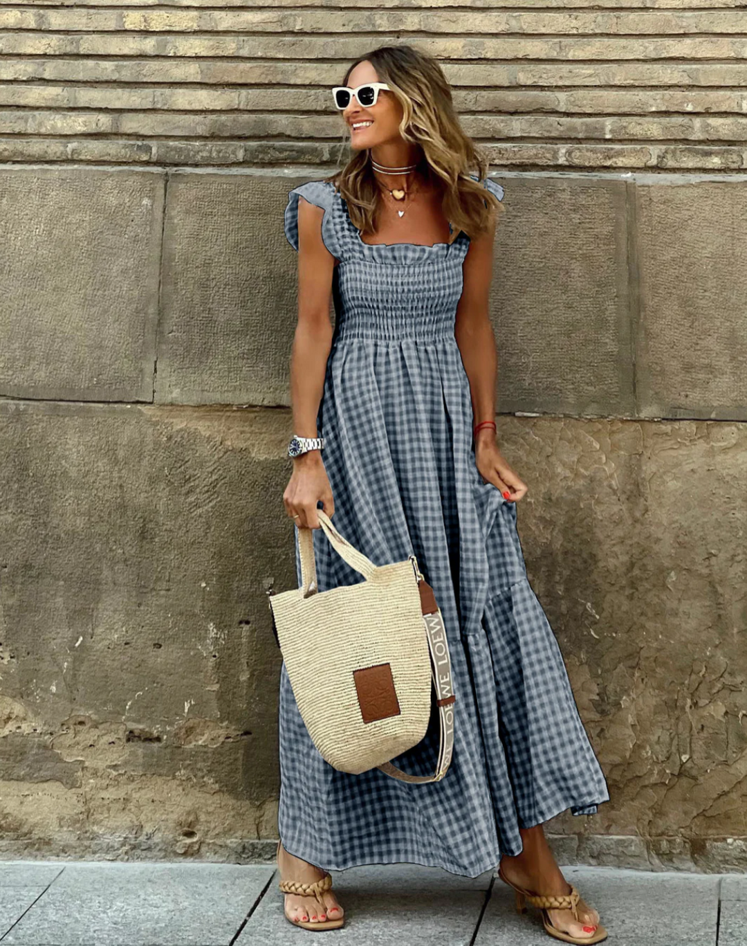 Vestido maxi mujer fruncido estilo casual