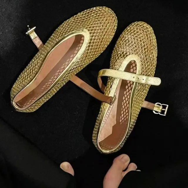 Bailarinas Mujer de Rejilla con Tachuelas y Correa Ajustable