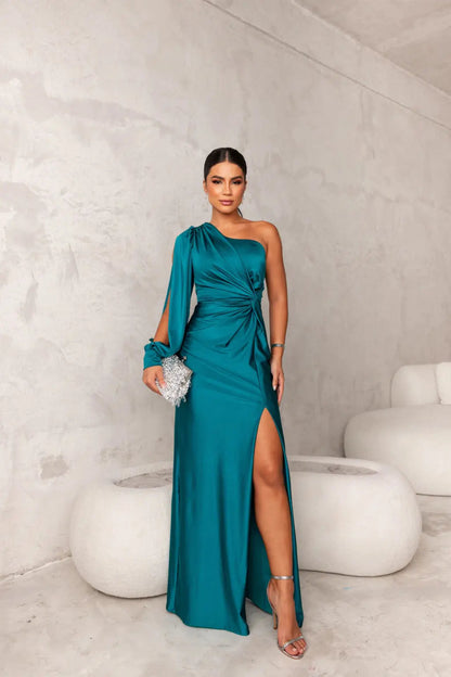 Vestido maxi mujer de satén drapeado un hombro - Mavetta