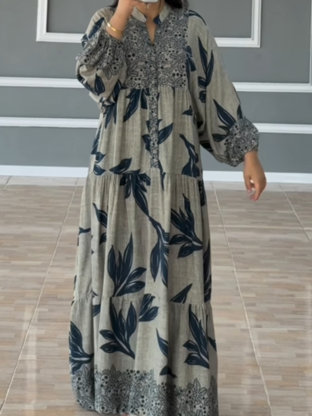 Vestido largo mujer Estampado Manga farol Corte holgado fluido