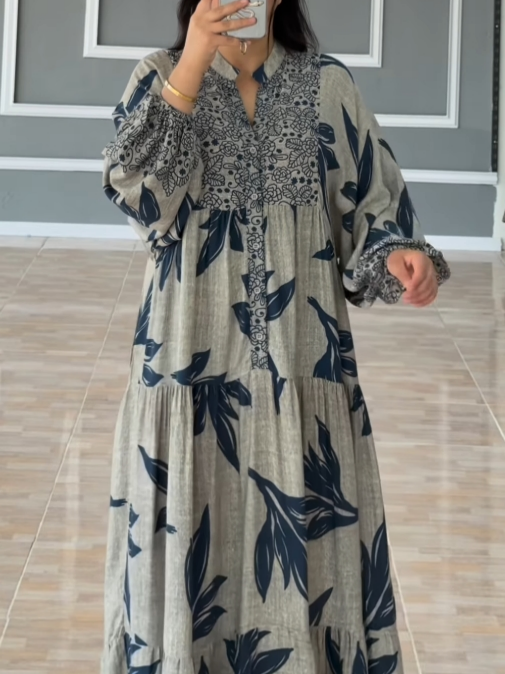 Vestido largo mujer Estampado Manga farol Corte holgado fluido