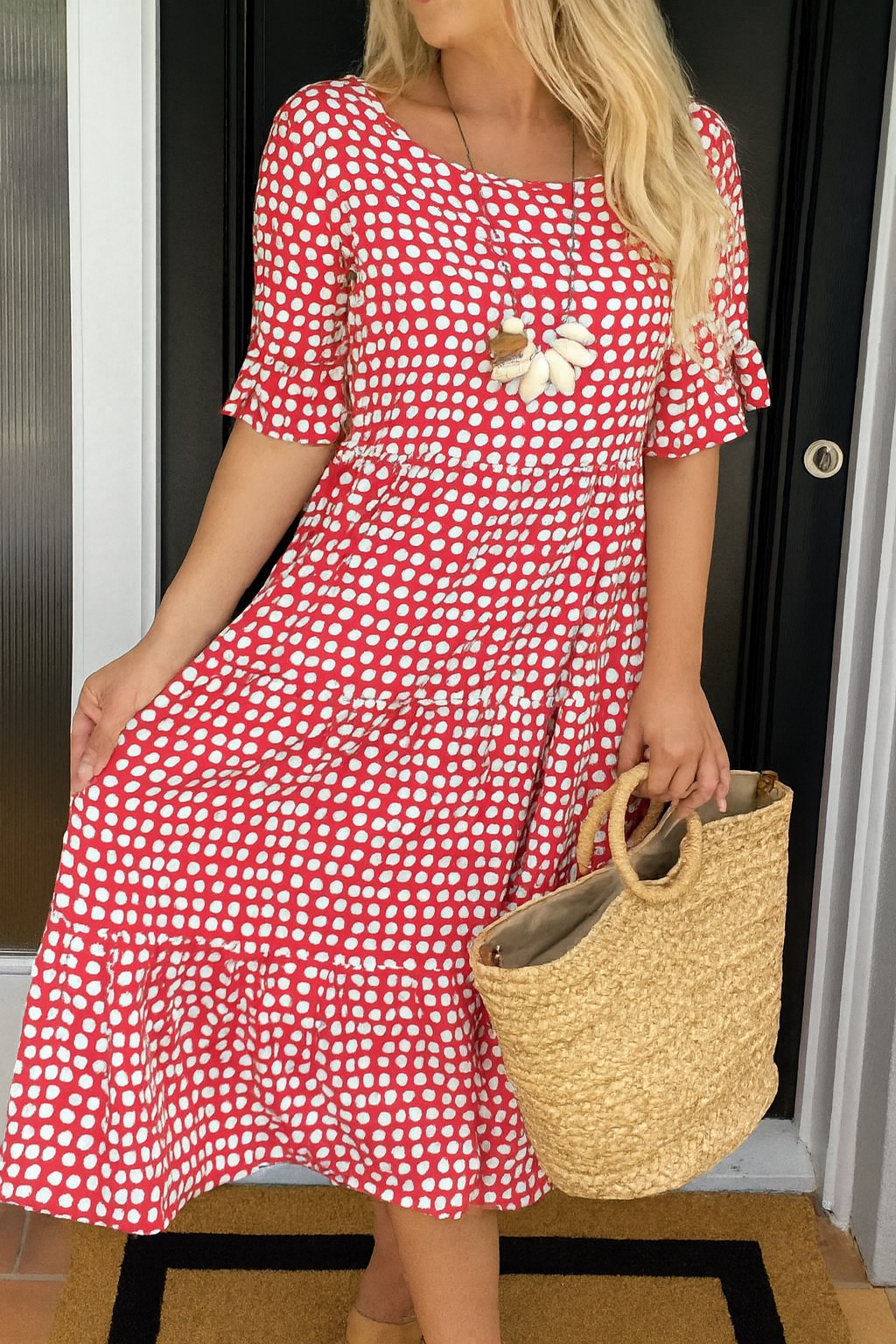 Vestido midi mujer de lunares manga corta vuelo por niveles