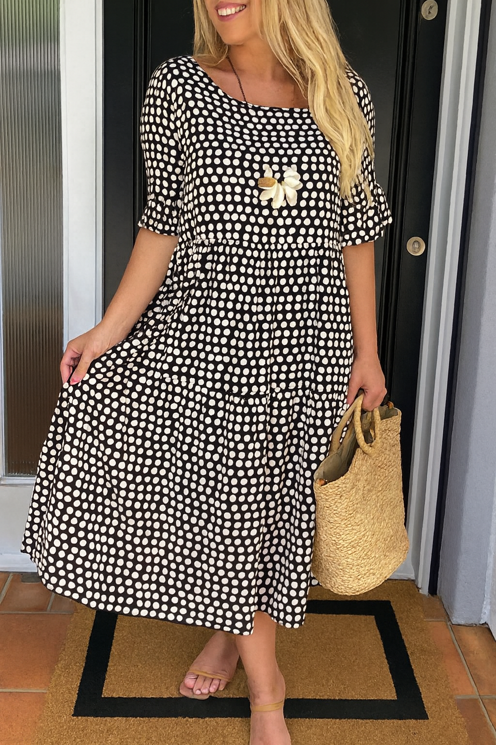 Vestido midi mujer de lunares manga corta vuelo por niveles