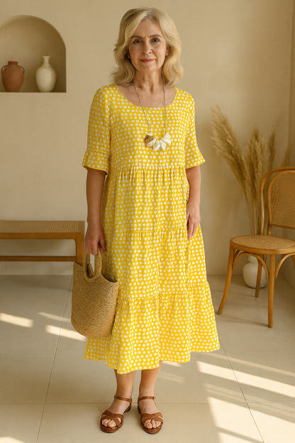 Vestido midi mujer de lunares manga corta vuelo por niveles
