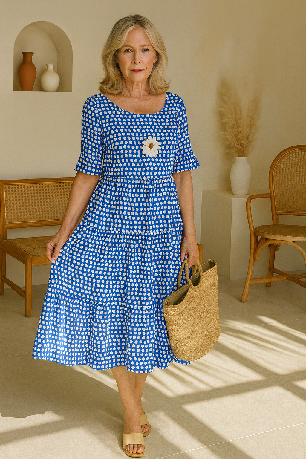 Vestido midi mujer de lunares manga corta vuelo por niveles