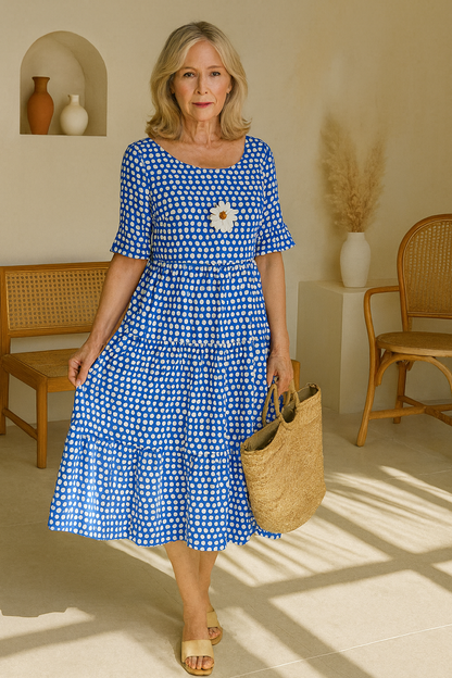 Vestido midi mujer de lunares manga corta vuelo por niveles