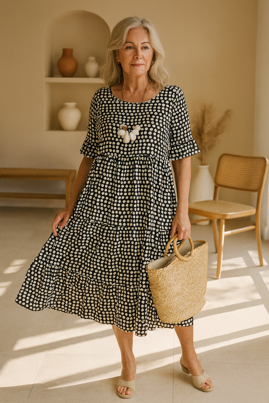 Vestido midi mujer de lunares manga corta vuelo por niveles