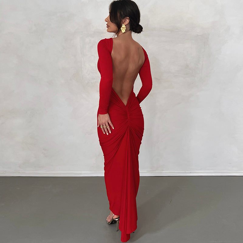 Vestido Mujer Invitada Boda Manga Larga Escote Espalda