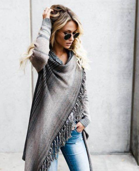 Jersey Mujer Tejido Medio con Flecos a Rayas Otoño Invierno