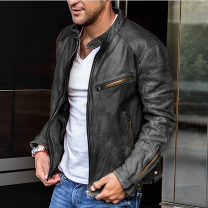 Chaqueta Hombre de Cuero con Bolsillos Cremallera Multiples