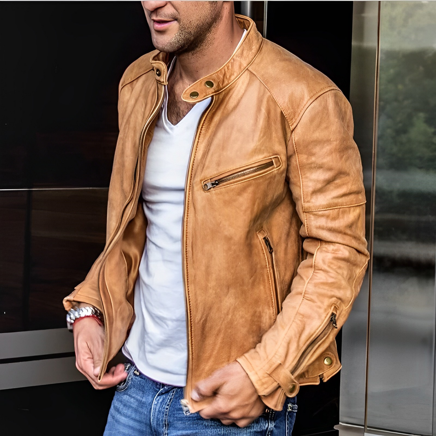Chaqueta Hombre de Cuero con Bolsillos Cremallera Multiples