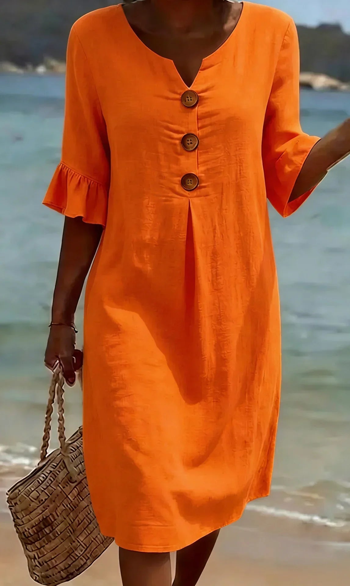 Vestido mujer de lino manga abullonada estilo fresco