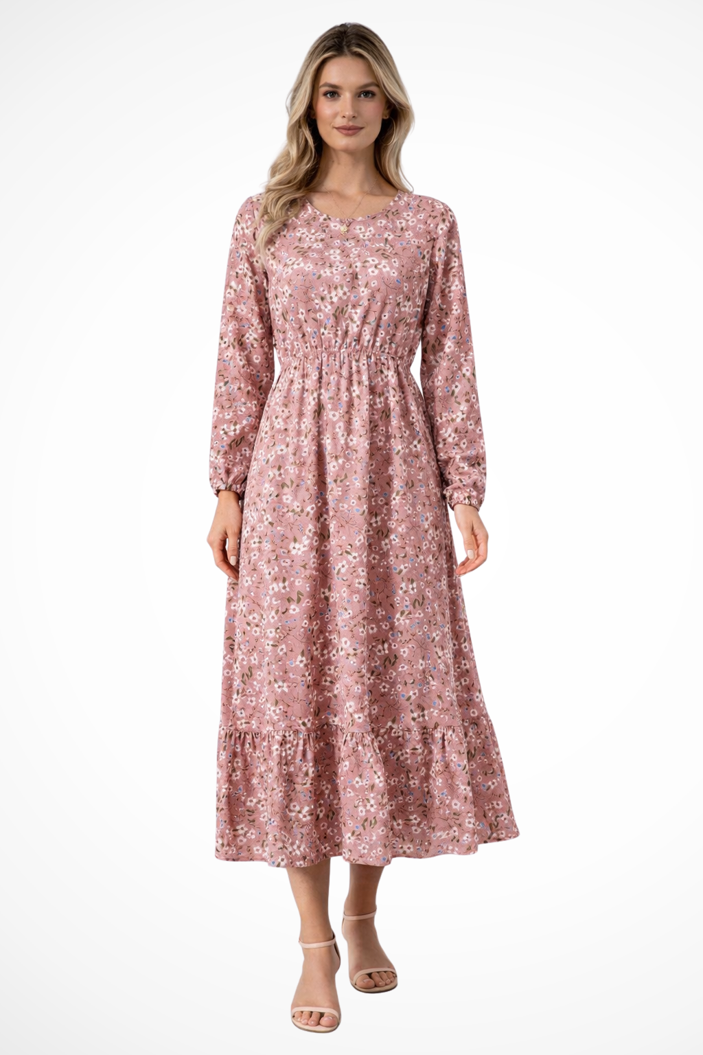 Vestido maxi mujer de tela fluida con cintura alta y mangas largas