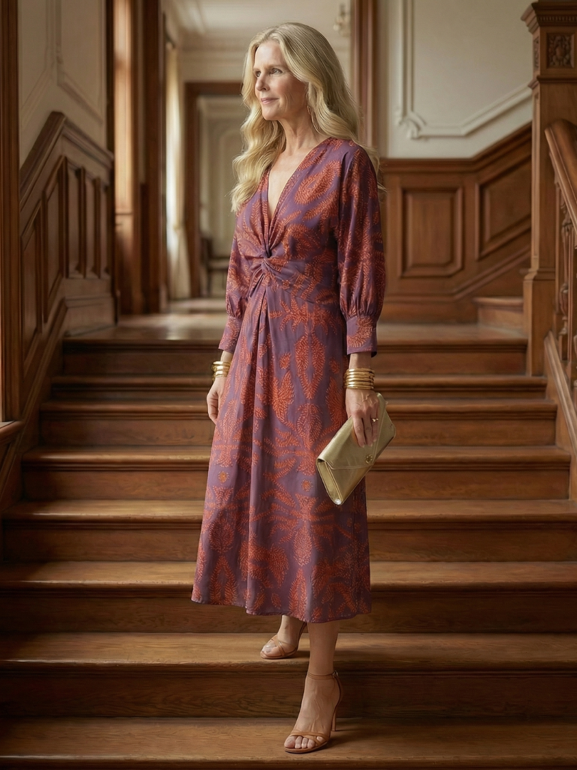 Vestido Midi Mujer Corte Cruzado Cintura Ajustada