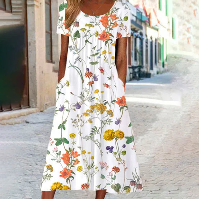 Vestido largo mujer de tejido floral manga corta corte fluido - Mavetta