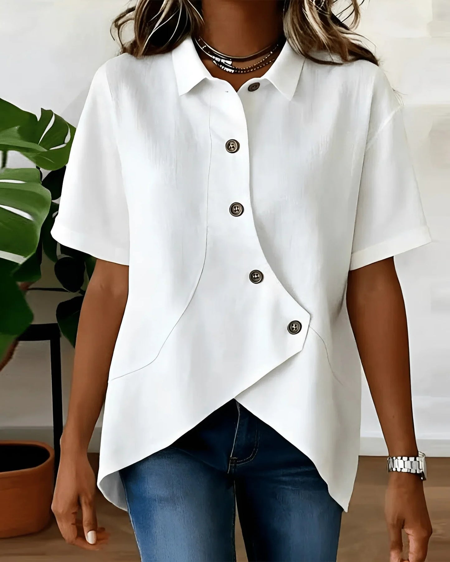 Blusa Mujer de Perlas Botones Asimétrica