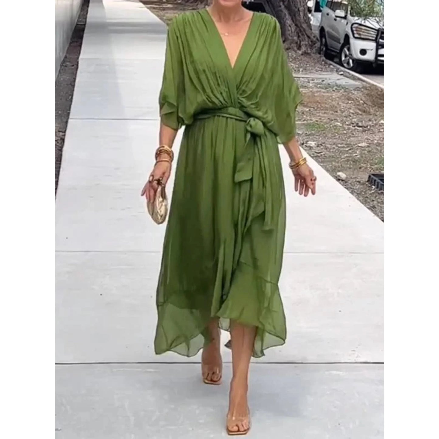 Vestido Midi Mujer con Escote en V y Cinturón Ajustable