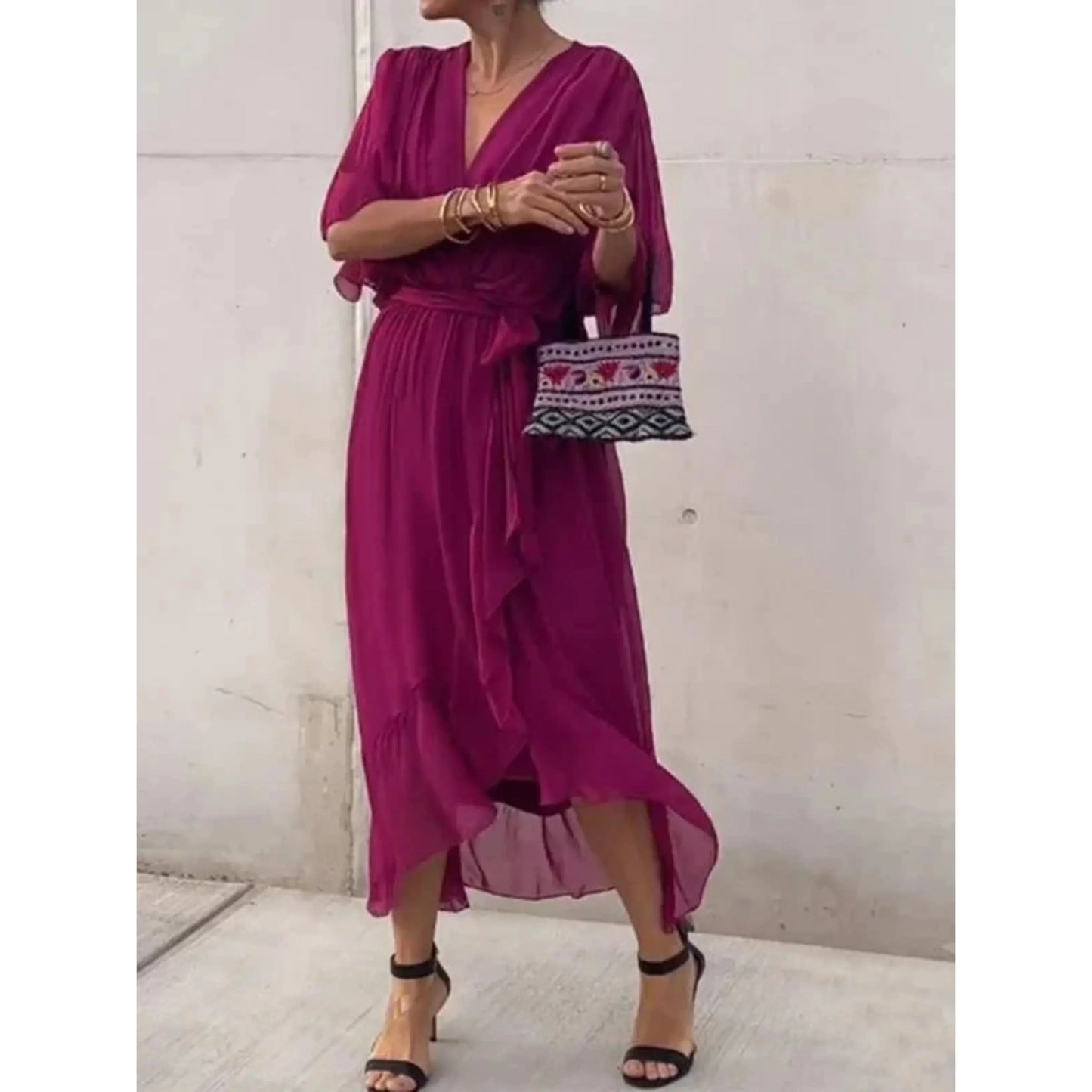 Vestido Midi Mujer con Escote en V y Cinturón Ajustable