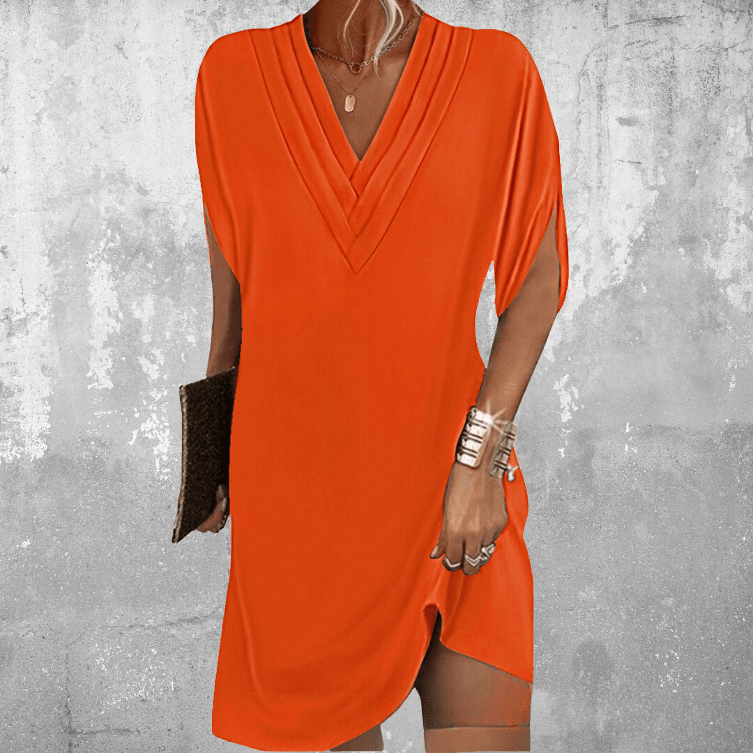 Vestido Corto Mujer Cuello en V Mangas con Abertura