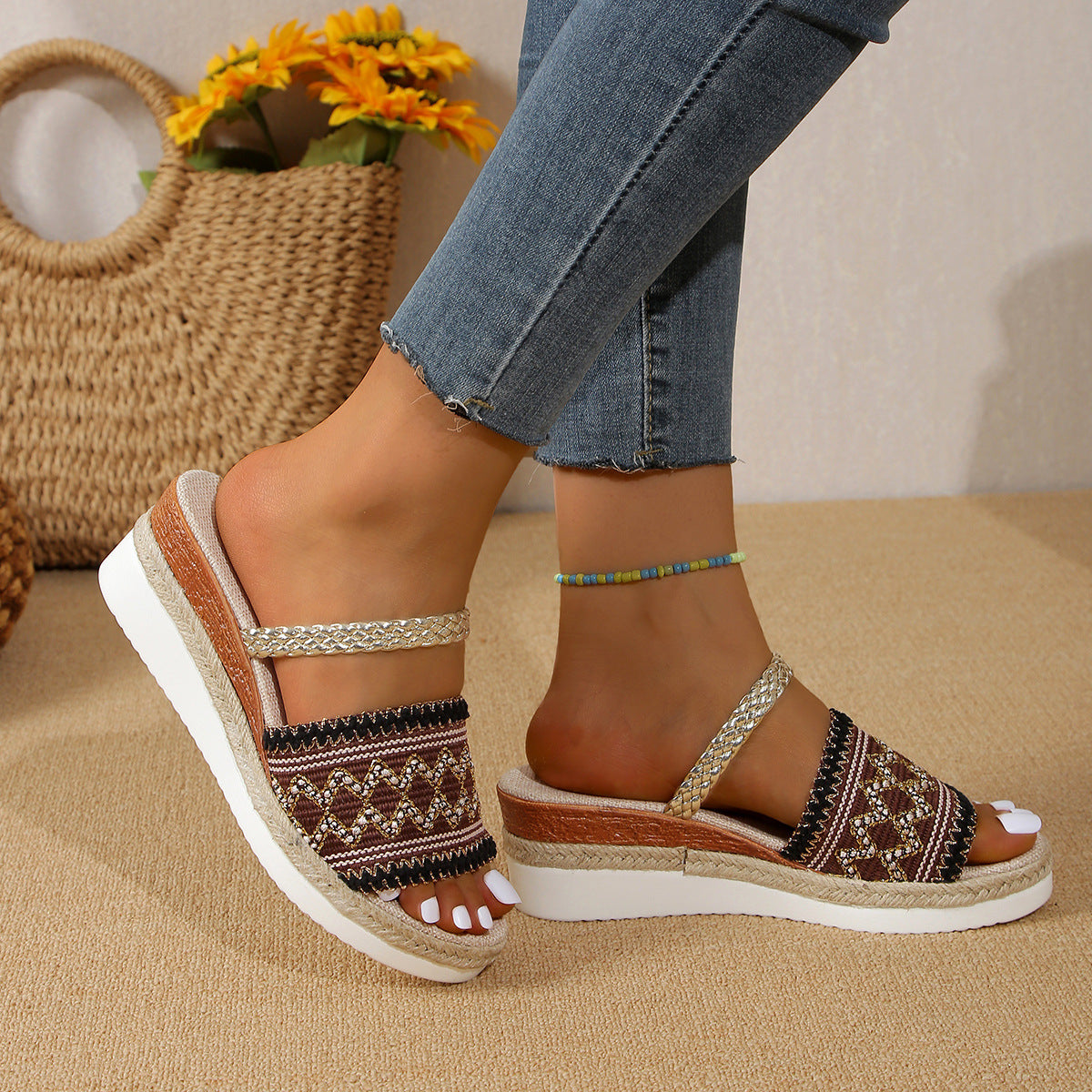 Sandalias Cuña Mujer Diseño Ondas Estilo Étnico Verano