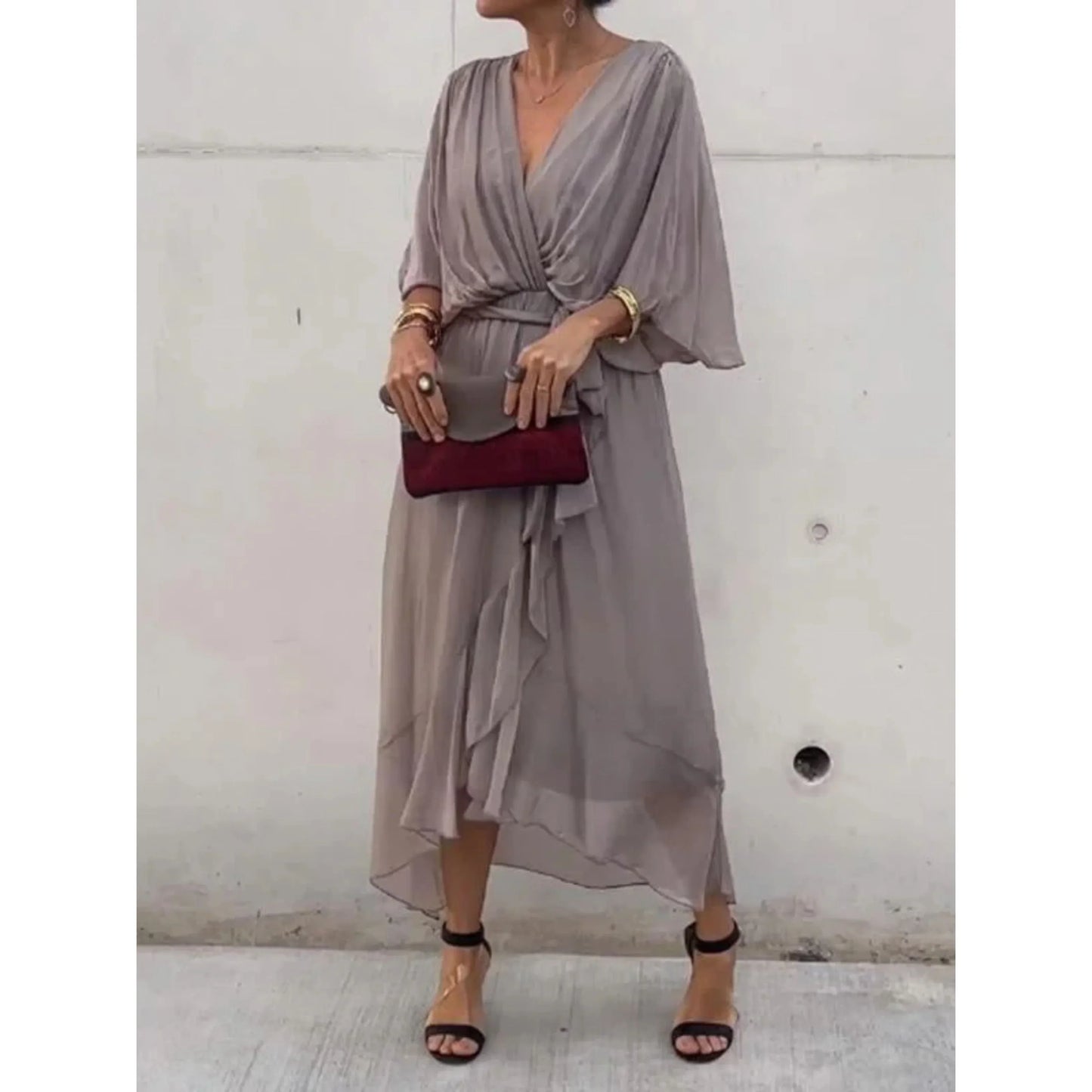 Vestido Midi Mujer con Escote en V y Cinturón Ajustable
