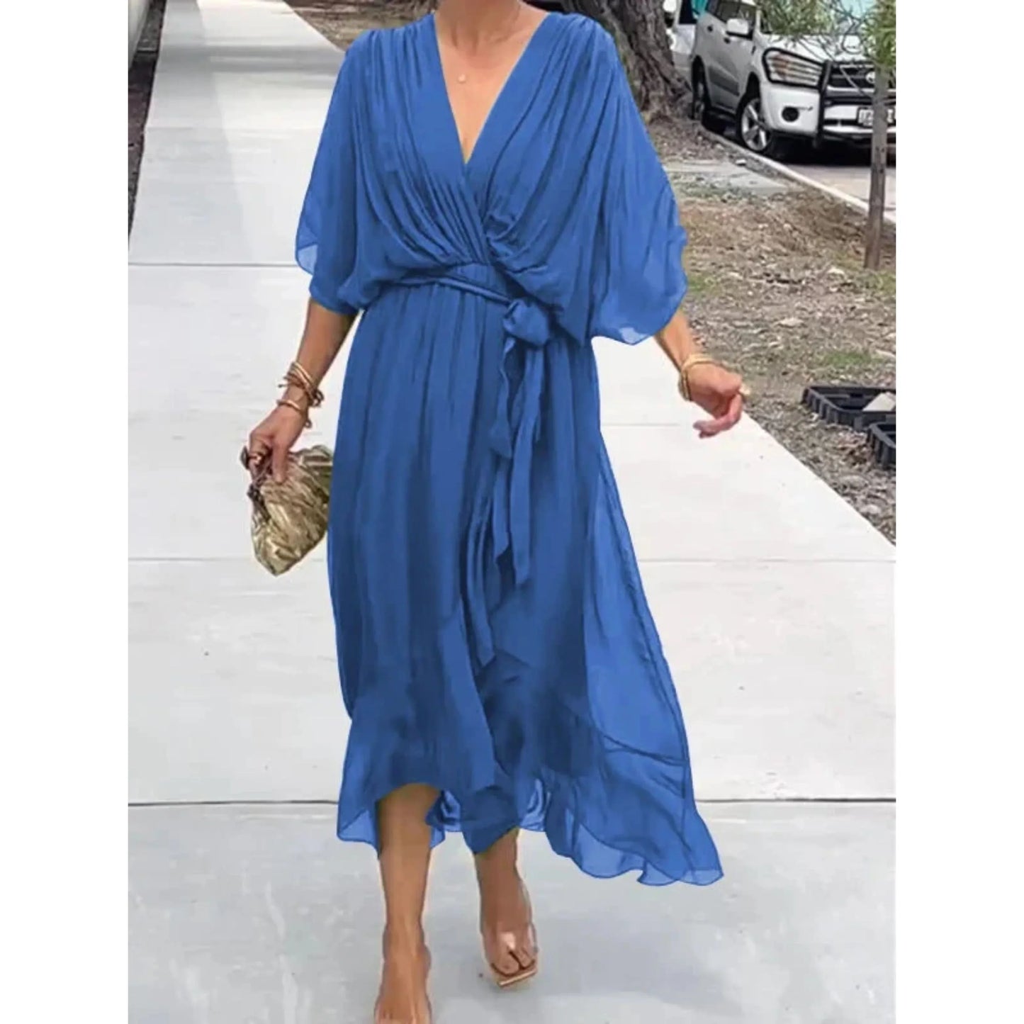 Vestido Midi Mujer con Escote en V y Cinturón Ajustable