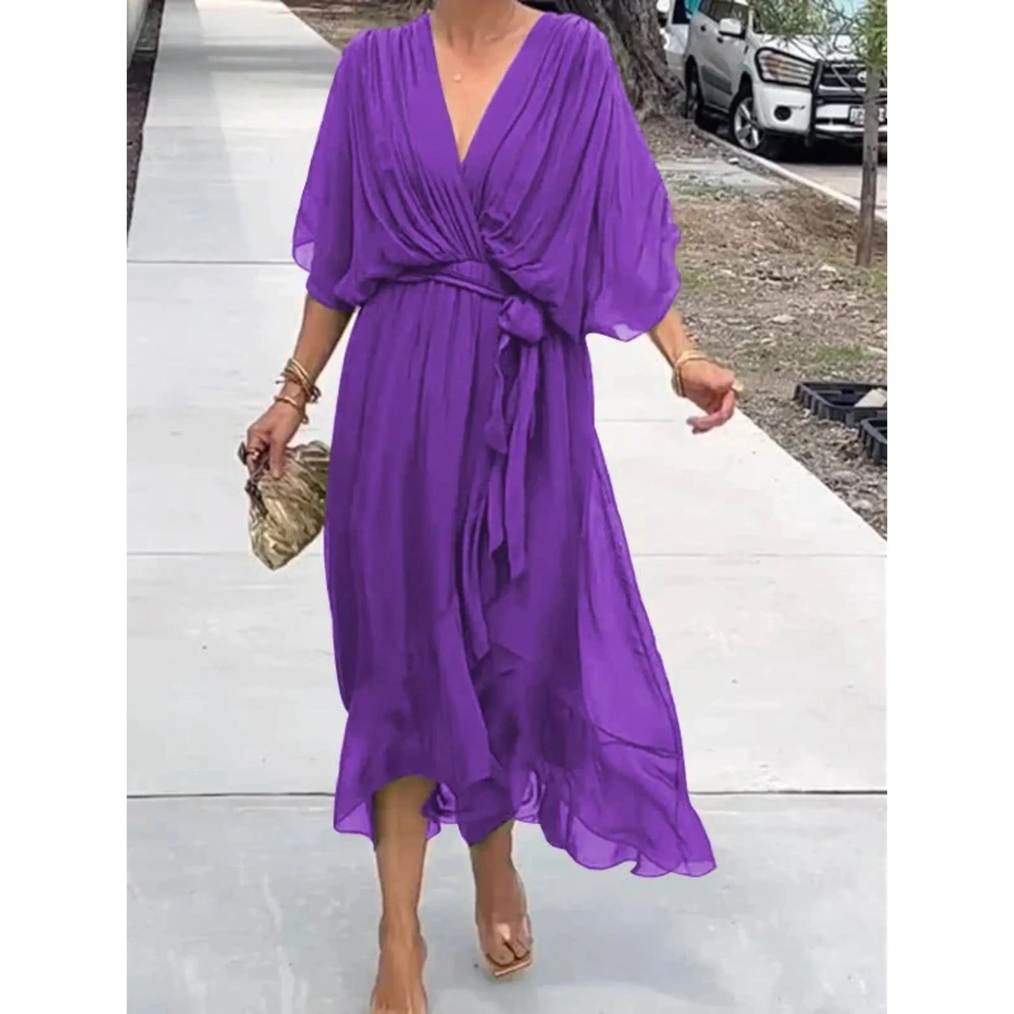 Vestido Midi Mujer con Escote en V y Cinturón Ajustable
