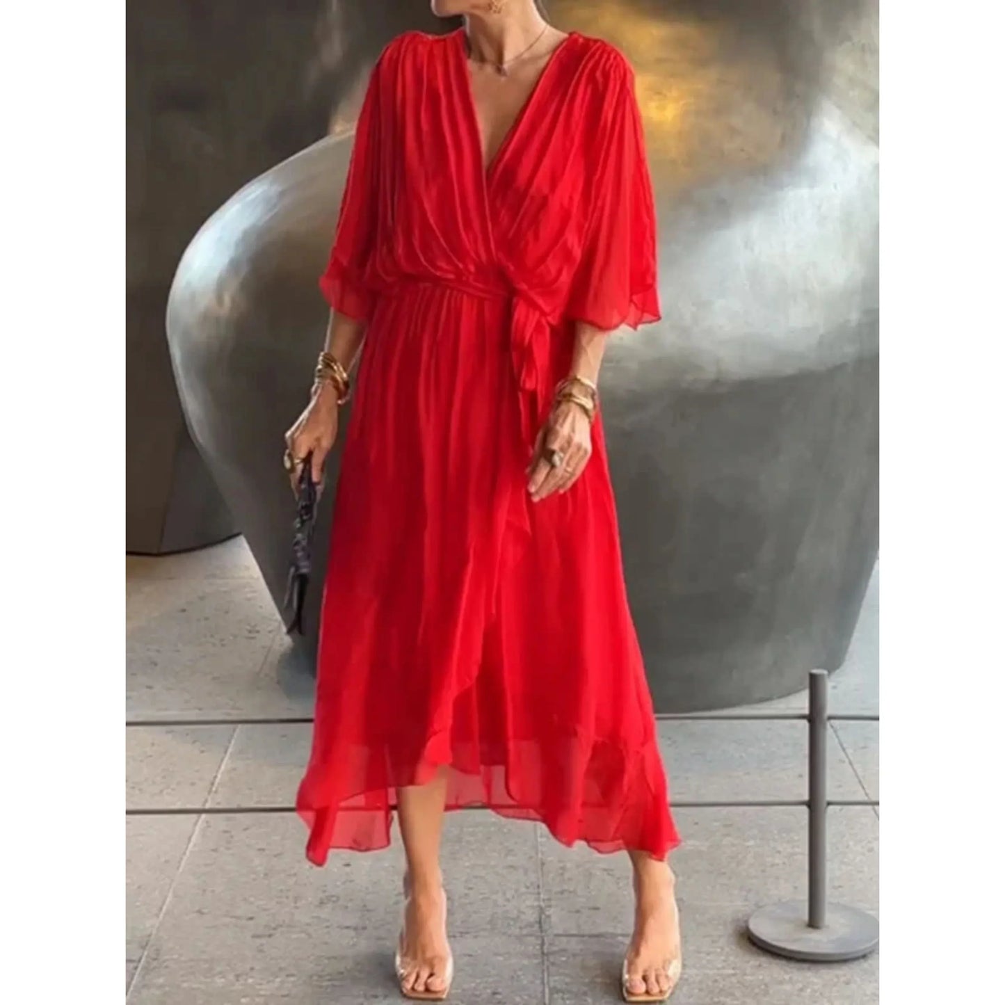 Vestido Midi Mujer con Escote en V y Cinturón Ajustable