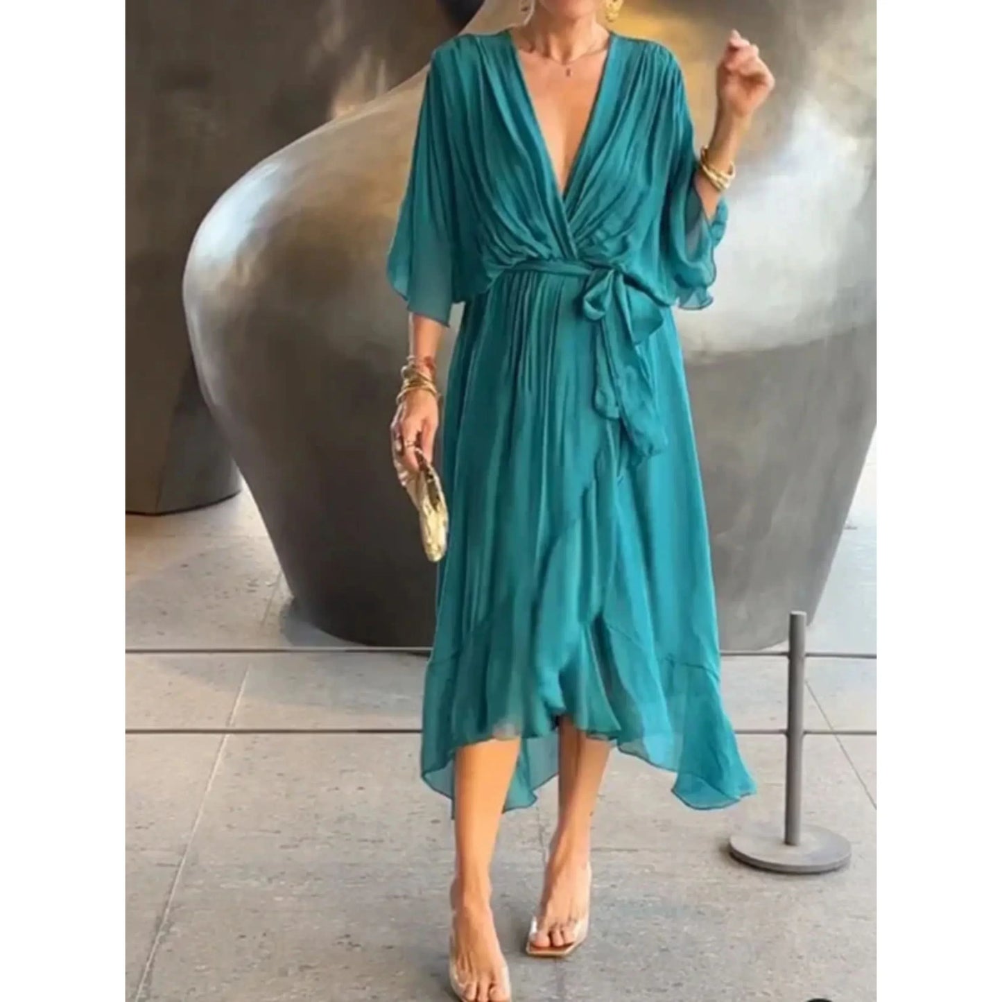 Vestido Midi Mujer con Escote en V y Cinturón Ajustable