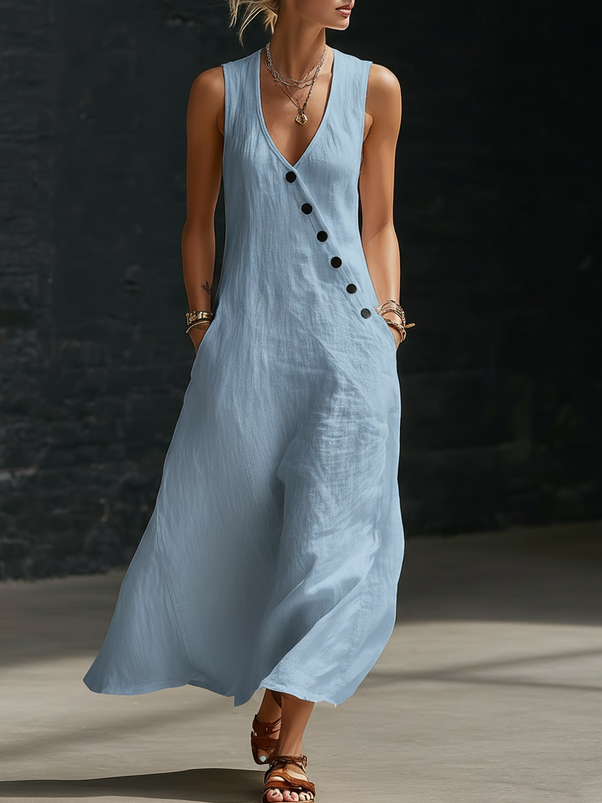 Vestido Maxi Mujer Fluido Minimalista con Botones