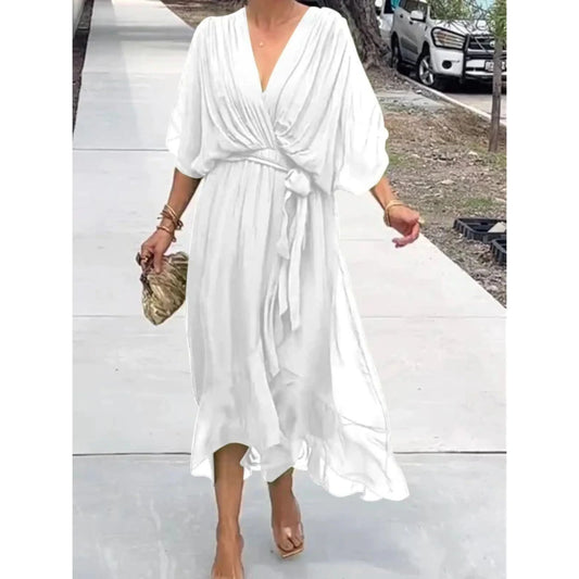 Vestido Midi Mujer con Escote en V y Cinturón Ajustable - Mavetta