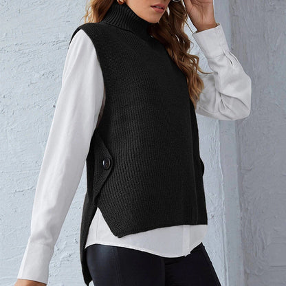 Chaleco Mujer de Piel Sintética Cuello Alto Botón Lateral