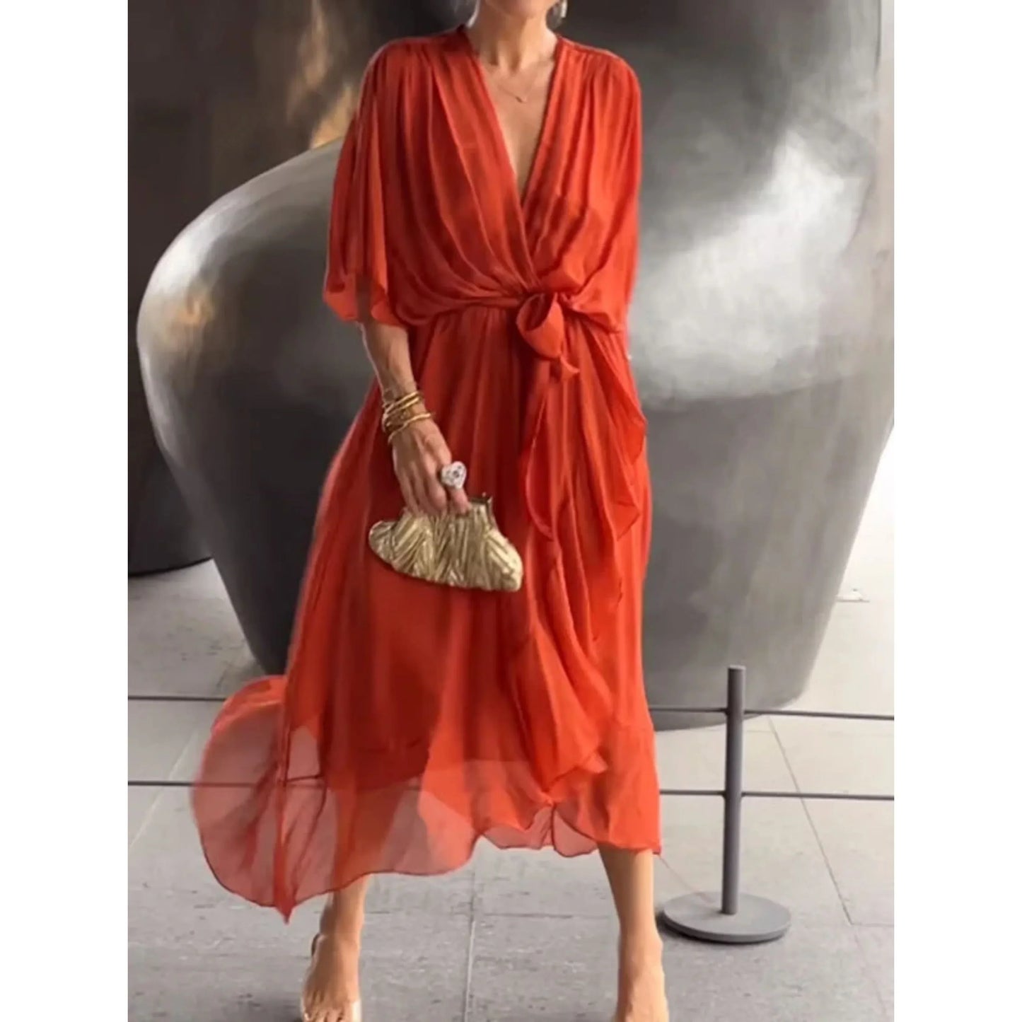 Vestido Midi Mujer con Escote en V y Cinturón Ajustable