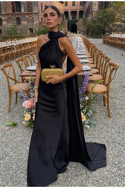 Vestido maxi mujer de tejido fluido sin mangas halter