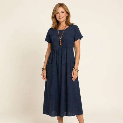 Vestido Mujer Plisado con Mangas Cortas y Bolsillos - Mavetta