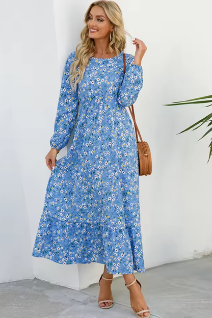 Vestido maxi mujer de tela fluida con cintura alta y mangas largas