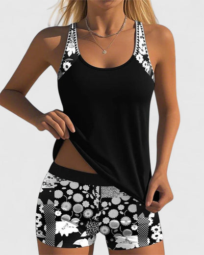 Tankini Mujer Dos Piezas Liso Espalda Nadadora Shorts Deportivos